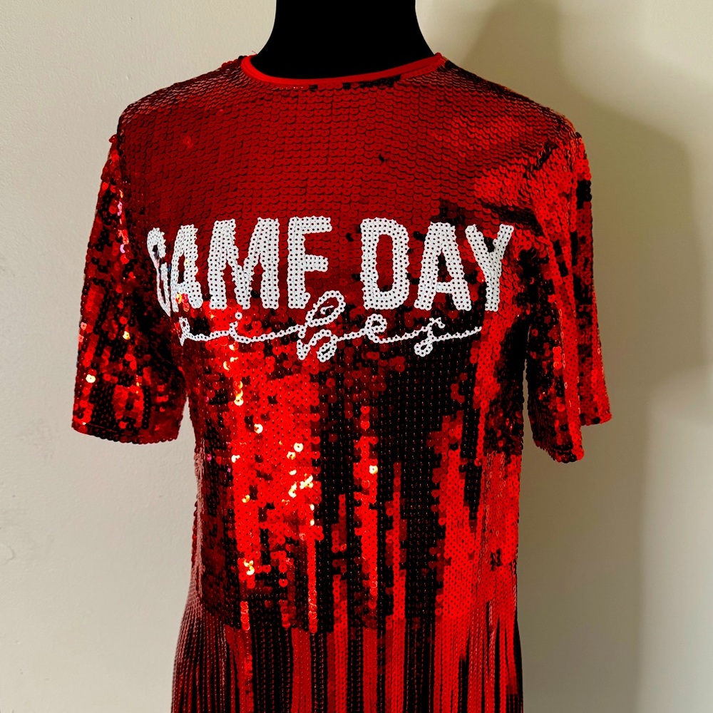 Red, sequence with bottom fringe game day vibes shirt